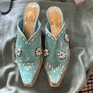 BCBGirls Floral Embroidered Blue Mules